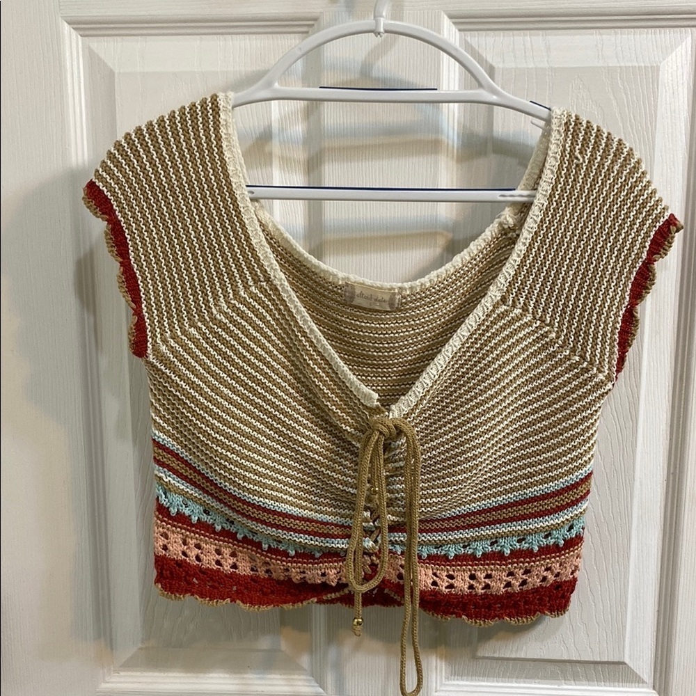 Altar’d State Knit Lace Up Boho Afghan Style Cropped Top Womens Large Whimsigoth